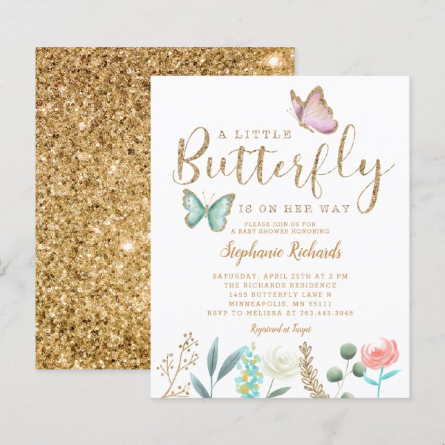 Budget Butterfly Garden Gold Baby Shower Invite (Front/Back)
