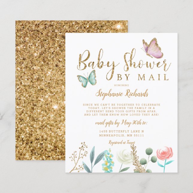 Budget Butterfly Gold Baby Shower By Mail Invite (Front/Back)