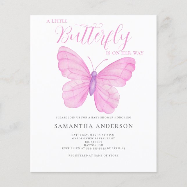 Budget Butterfly Pink Baby Shower Invitation Flyer (Front)