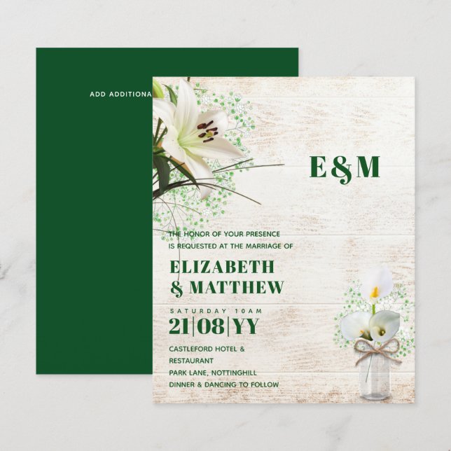 BUDGET Calla Lilies Chic Shabby Wedding Invite (Front/Back)