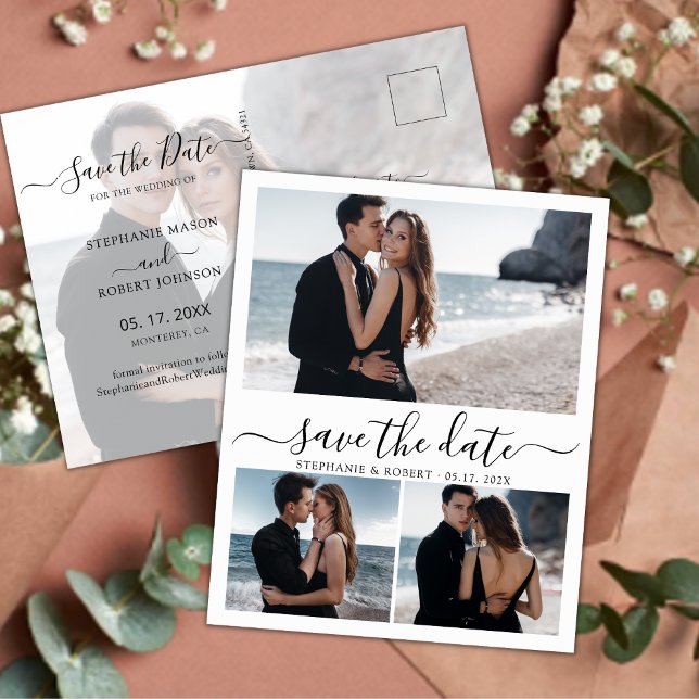 Budget Calligraphy 3 Photo Collage Save The Date Announcement Postcard (Creator Uploaded)