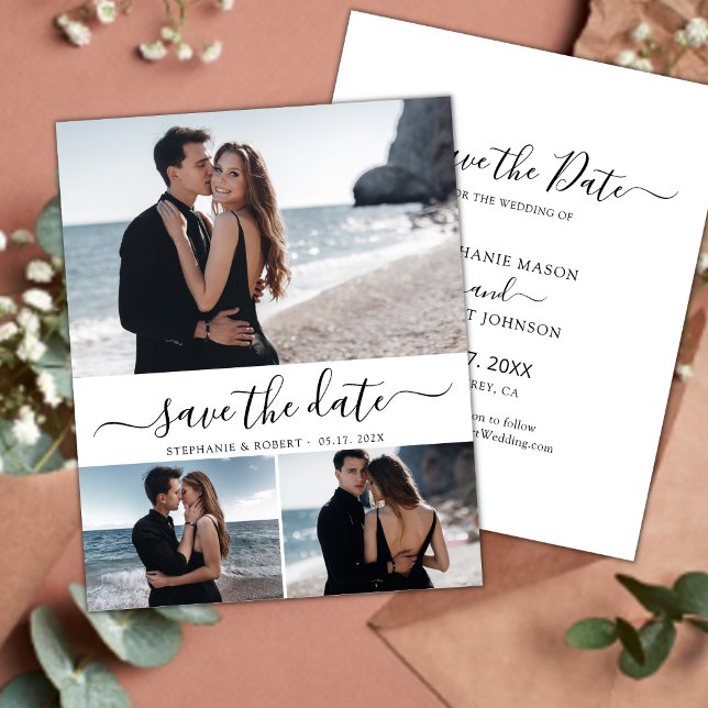 Budget Calligraphy 3 Photo Collage Save The Date Flyer (Creator Uploaded)