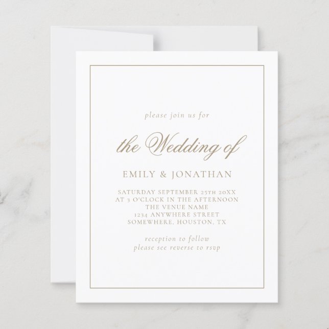 Budget Calligraphy Champagne Gold Wedding invite (Front)