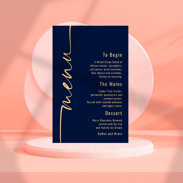Budget Calligraphy Navy Blue Gold Wedding Menu (Creator Uploaded)