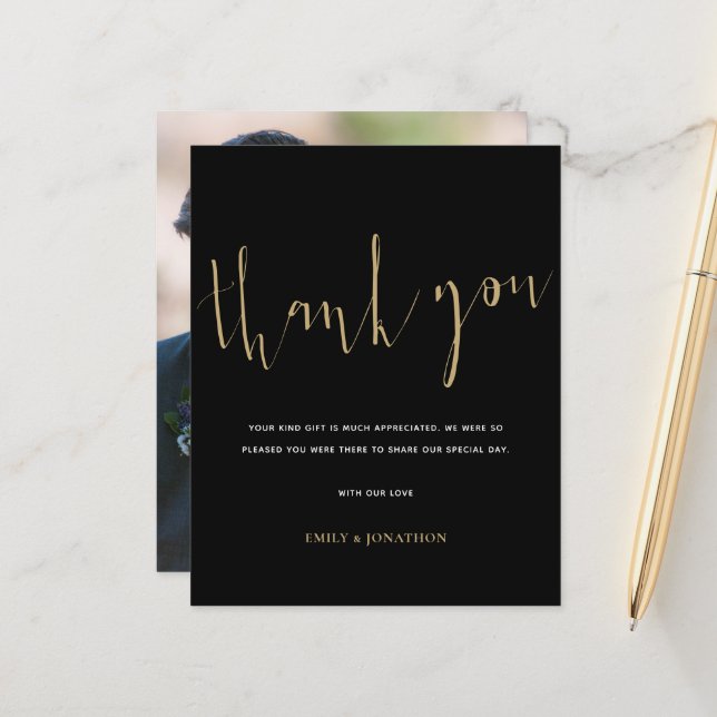 Budget Calligraphy Photo Gold Black Wedding Thanks (Front/Back In Situ)