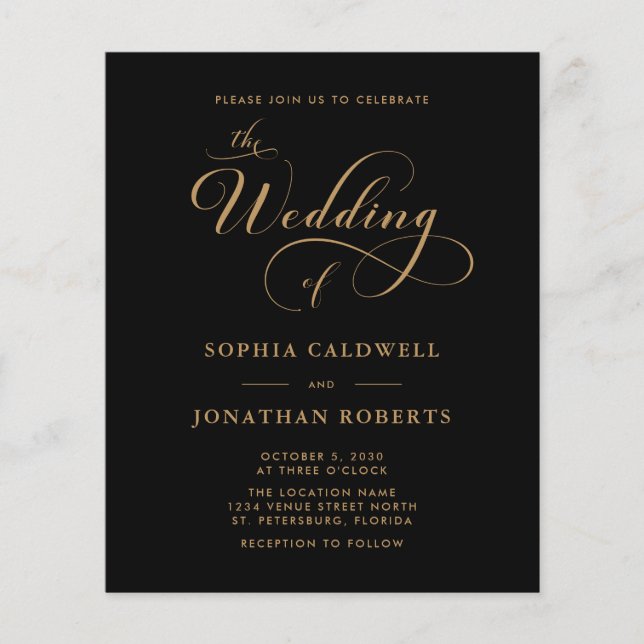 Budget Calligraphy QR Code Black Gold Wedding (Front)