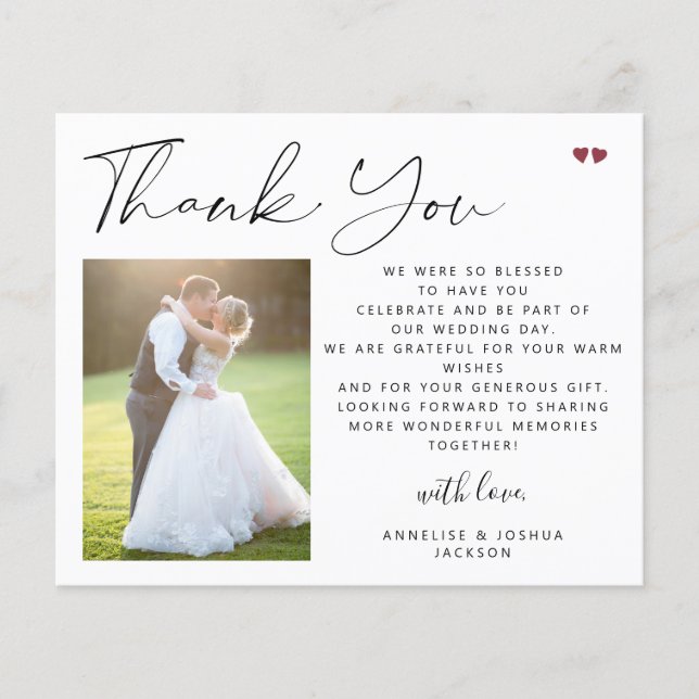 Budget calligraphy script photo wedding thank you (Front)