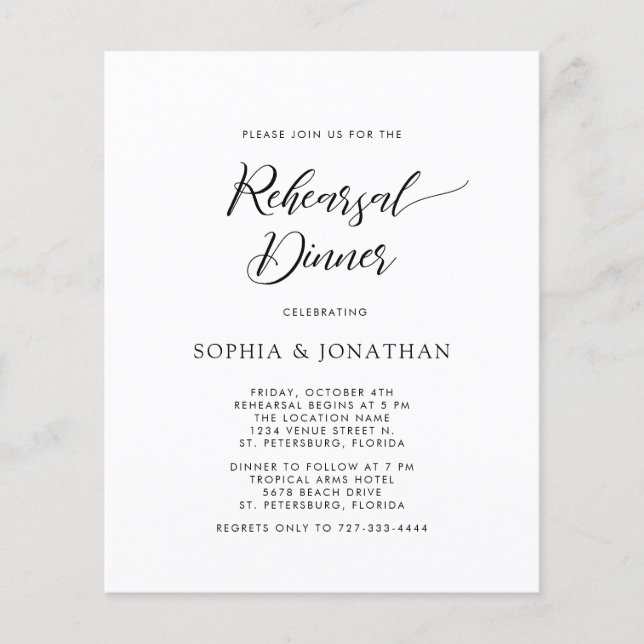 Budget Calligraphy Wedding Rehearsal Dinner Invite (Front)