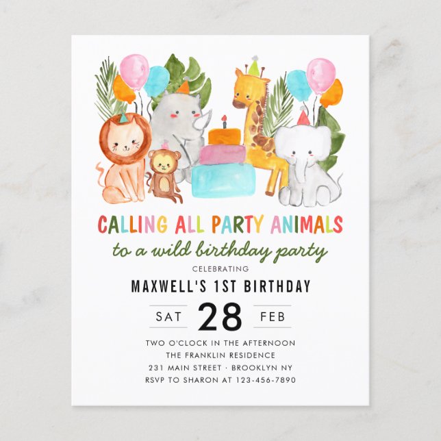 Budget Calling Party Safari Animals Kids Birthday (Front)