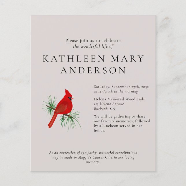 BUDGET Cardinal Celebration of Life Invitation (Front)