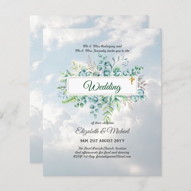 Budget CATHOLIC Christian WEDDING Greenery INVITES (Front/Back)
