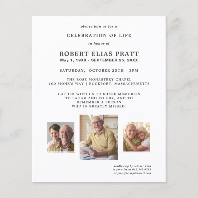 Budget Celebration of Life 3 Photo Invitation (Front)