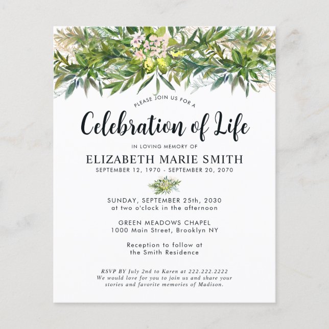 Budget Celebration of Life Greenery Leaves Funeral Flyer (Front)