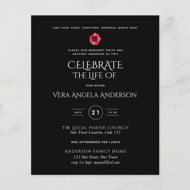 Budget Celebration of Life Memorial Funeral Invite (Front)