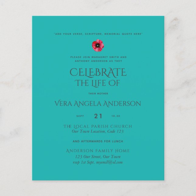 Budget Celebration of Life Memorial Funeral Invite (Front)