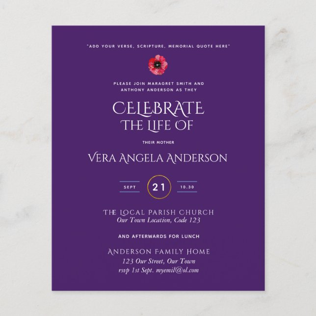 Budget Celebration of Life Memorial Funeral Invite (Front)