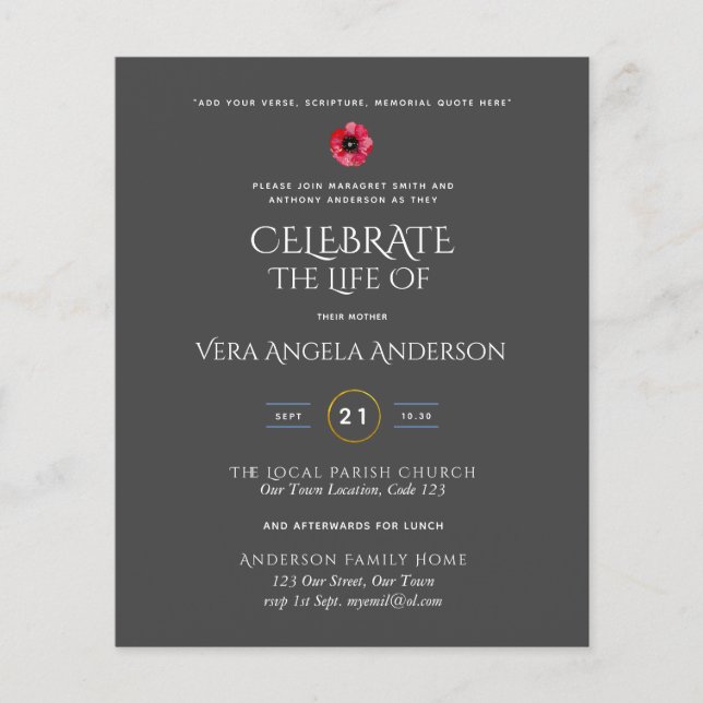 Budget Celebration of Life Memorial Funeral Invite (Front)