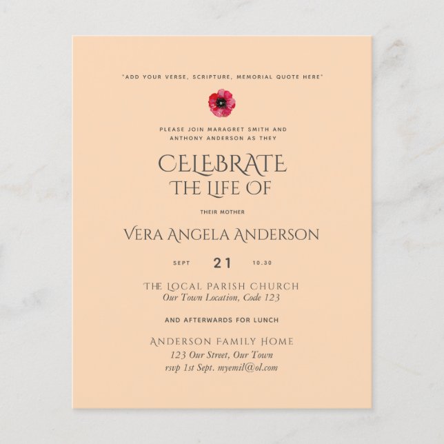 Budget Celebration of Life Memorial Funeral Invite (Front)