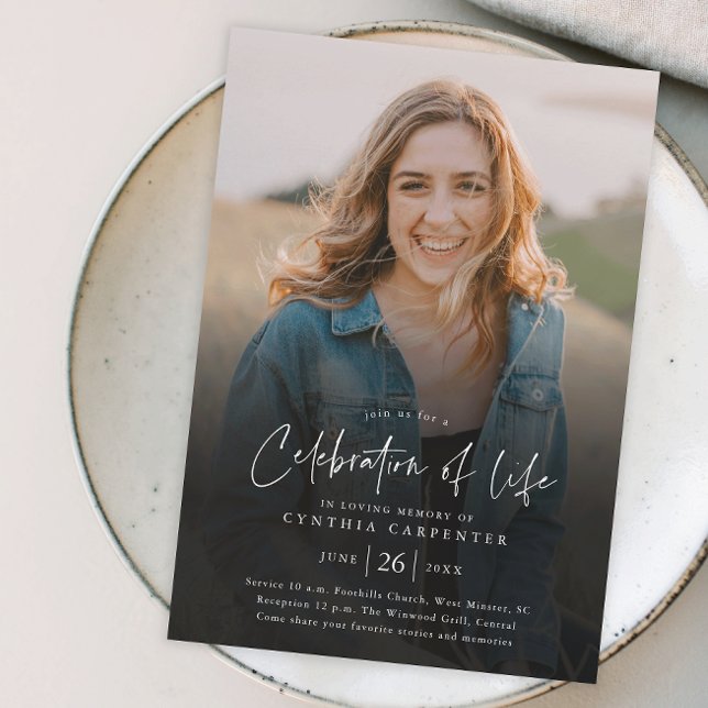 Budget Celebration of Life Memorial Invitation (Modern handwritten script celebration of life budget photo memorial invitation.)
