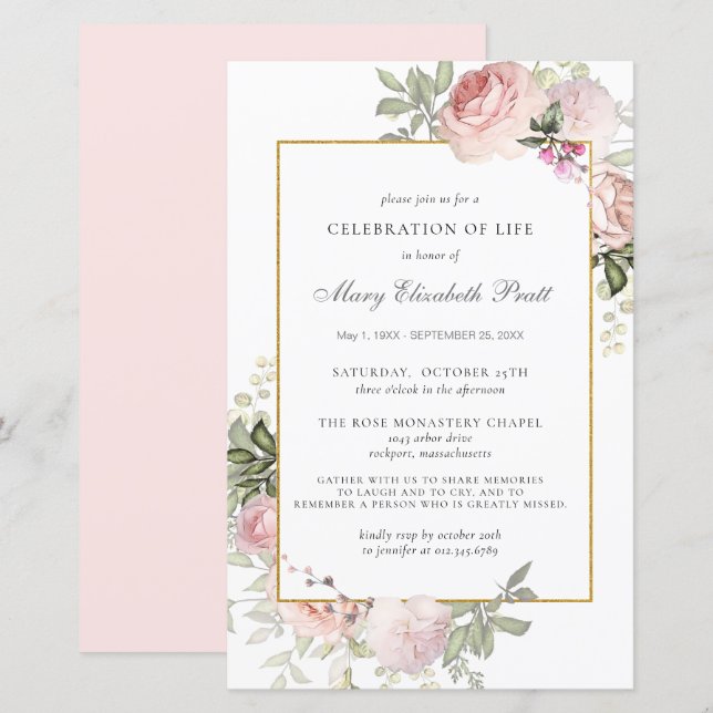 Budget Celebration of Life Pink Floral Invitation (Front/Back)