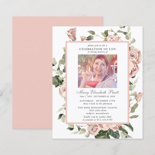 Budget Celebration of Life Pink Floral Invitation (Front/Back)