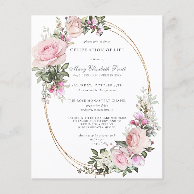 Budget Celebration of Life Pink Floral Invitation (Front)