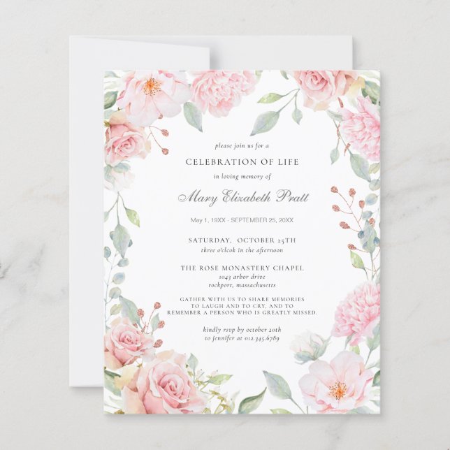 Budget Celebration of Life Pink Floral Invitation (Front)