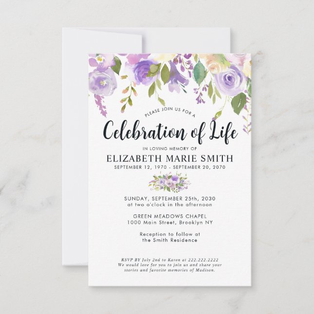 Budget Celebration of Life Purple Floral Funeral  Card (Front)