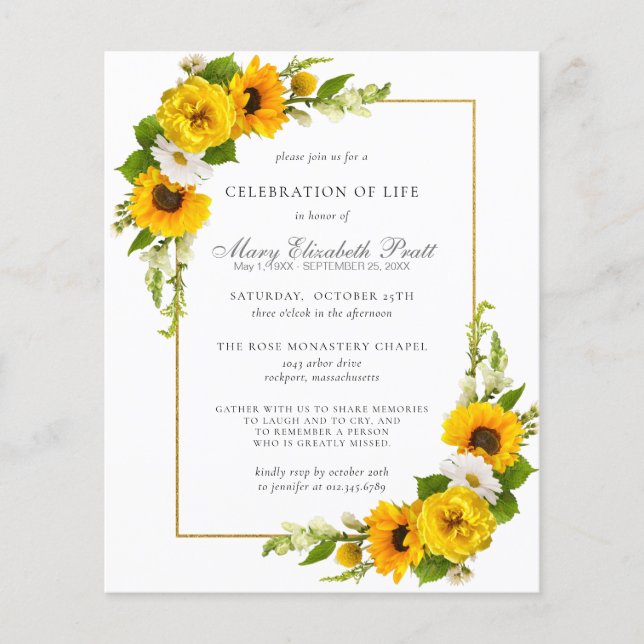 Budget Celebration of Life Sunflowers Invitation (Front)