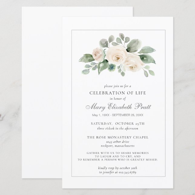 Budget Celebration of Life White Floral Invitation (Front/Back)