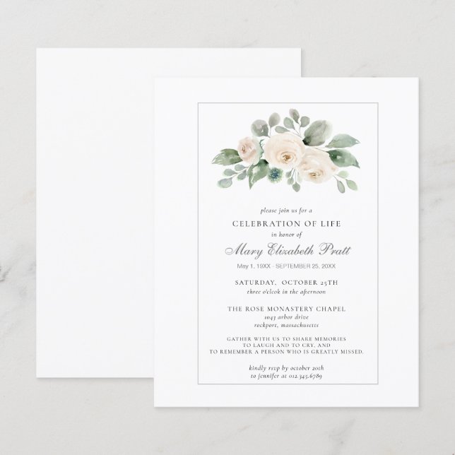 Budget Celebration of Life White Floral Invitation (Front/Back)