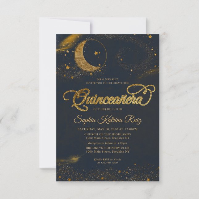 Budget Celestial Blue Gold Star Moon Quinceanera Card (Front)