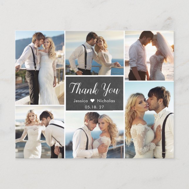 Budget Chalkboard Collage Wedding Thank You Card (Front)