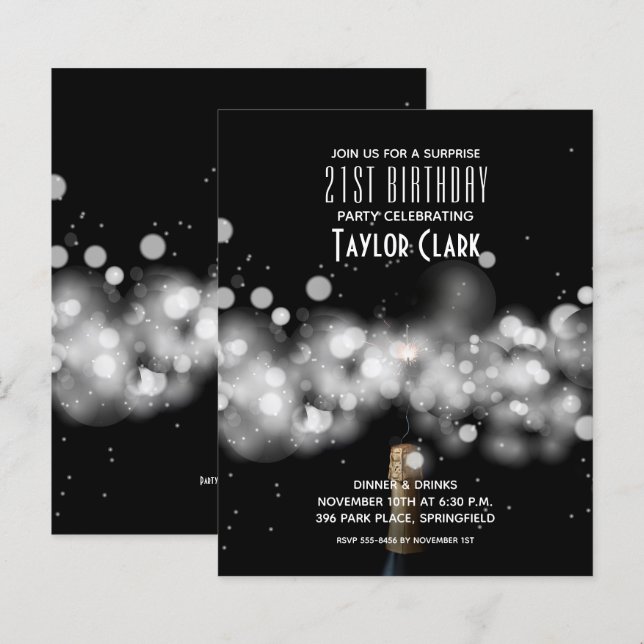 Budget Champagne Sparkle 21st Birthday Invitations (Front/Back)