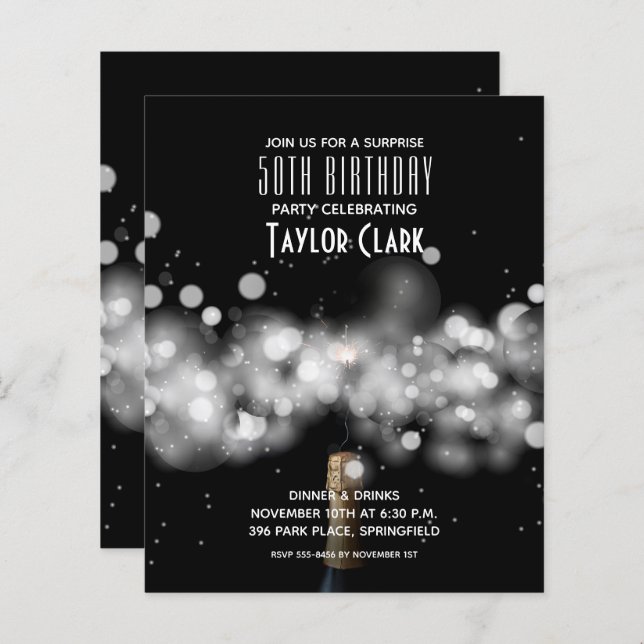 Budget Champagne Sparkle 50th Birthday Invitations (Front/Back)