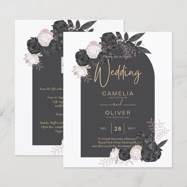 BUDGET Charcoal Grey Pink Roses Wedding INVITE (Front/Back)