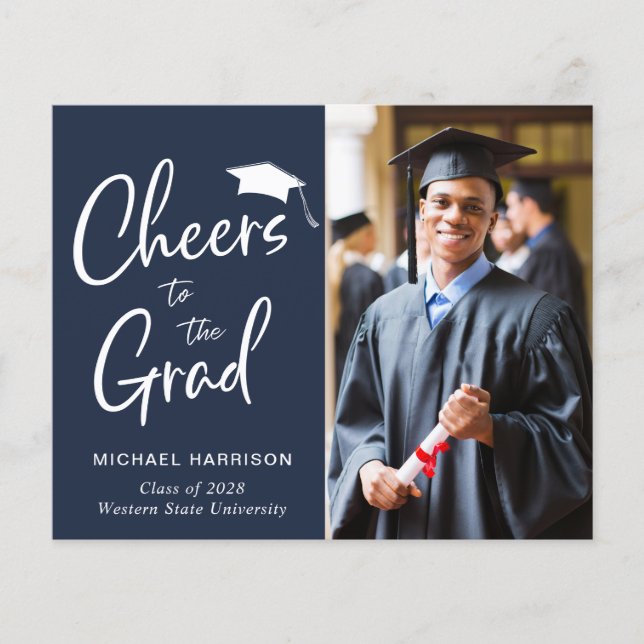Budget Cheers Photo Blue Graduation Announcement (Front)