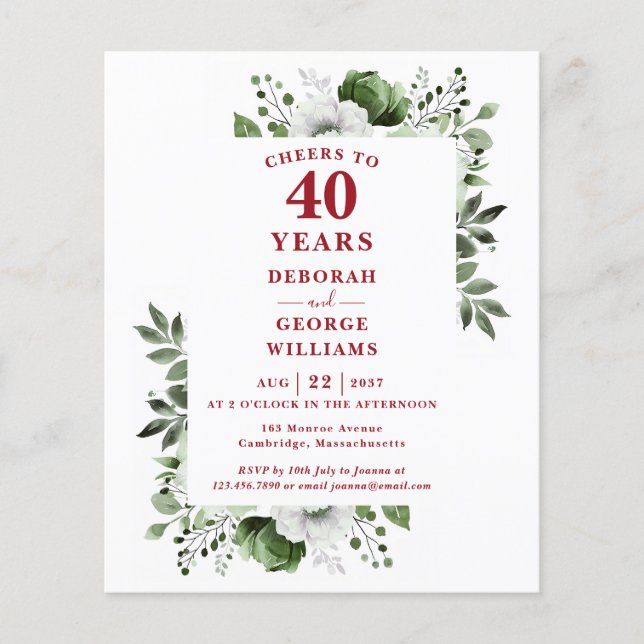 Budget  Cheers To 40 Years Anniversary Invitation (Front)