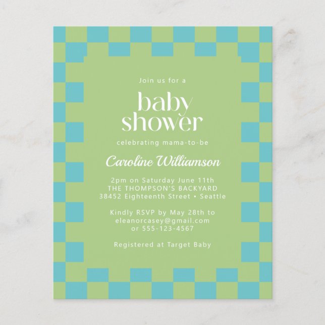 Budget Chequerboard Blue Green Baby Shower Invite (Front)