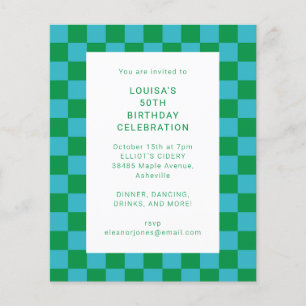 Budget Chequerboard Blue Green Birthday Invitation