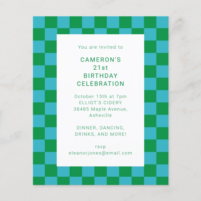 Budget Chequered Blue Green 21st Birthday Invitati (Front)