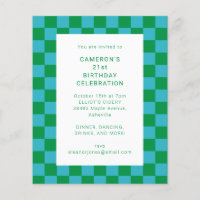 Budget Chequered Blue Green 21st Birthday Invitati