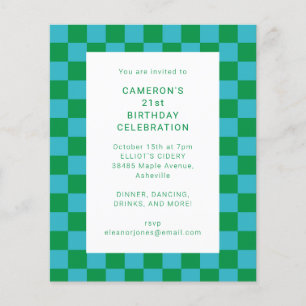 Budget Chequered Blue Green 21st Birthday Invitati