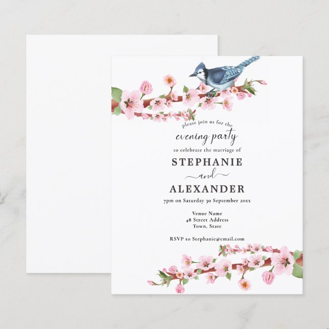 Budget Cherry Blossom Bird Evening Party Invite (Front/Back)