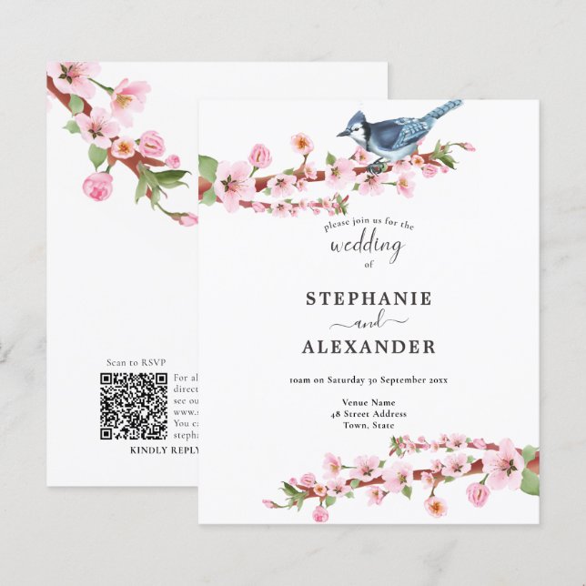 Budget Cherry Blossom Blue Bird QR Wedding Invite (Front/Back)