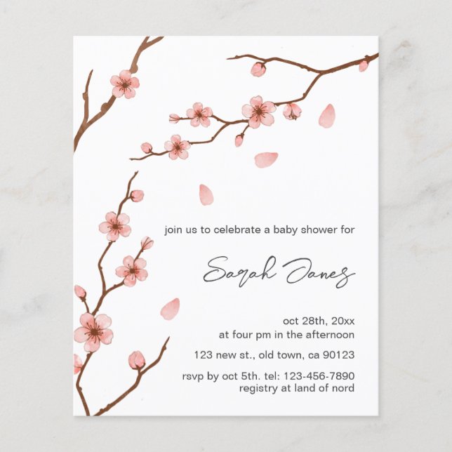 Budget Cherry Blossom Flower Baby Shower Invite (Front)