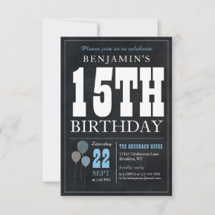 Budget Chic 15th Birthday Chalkboard Blue Balloon Card