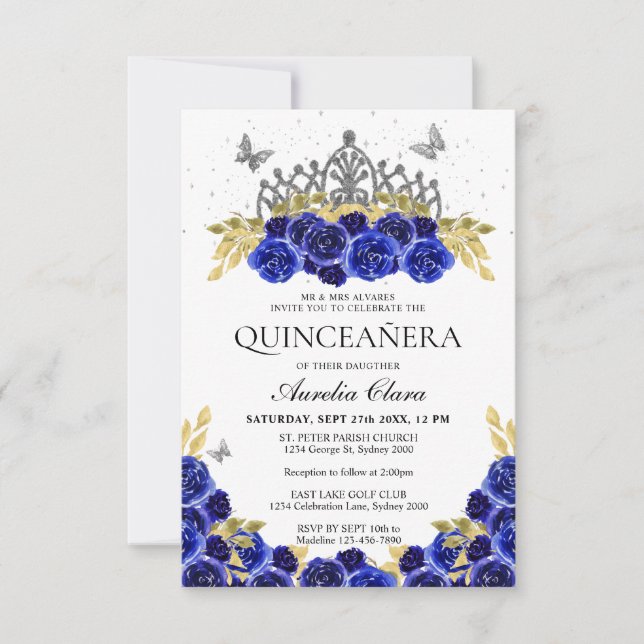 Budget Chic Blue Floral Silver Tiara Quinceanera Card (Front)