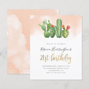 Budget Chic Blush Watercolor Cactus 21st Birthday