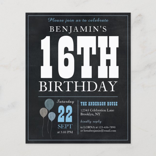 Budget Chic Chalkboard Blue Balloon 16th Birthday (Front)